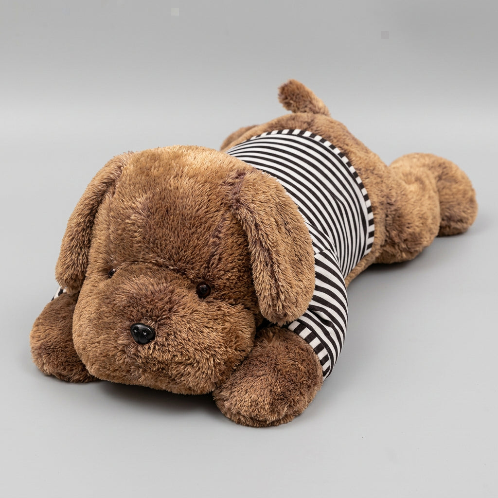 Lying Dog Plush Pillow – Floppy-Eared Striped-Shirt Pup