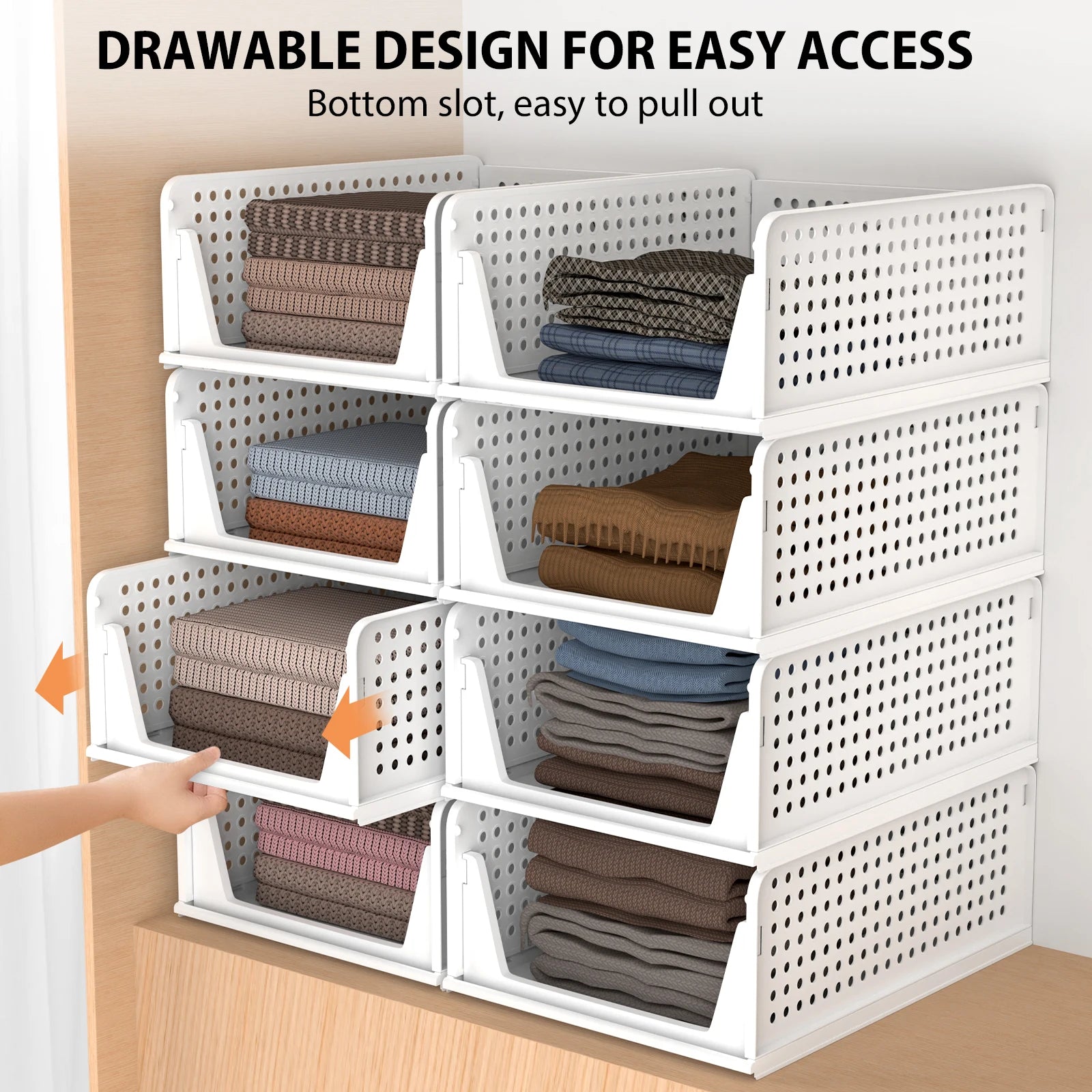 4-Pack Stackable Wardrobe Storage Organisers with Slide Pull – PP Plastic Closet Drawers