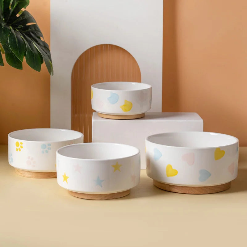 Ceramic Dog & Cat Bowl with Wooden Mat | Wide Mouth | 18 Styles