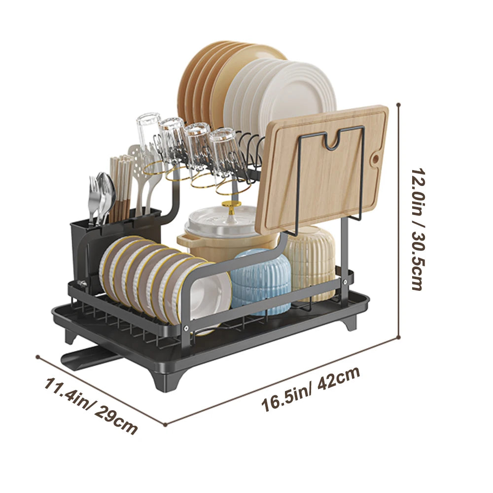2-Tier Over-the-Sink Dish Drying Rack – Carbon Steel with Auto-Drain Board & Utensil Holder