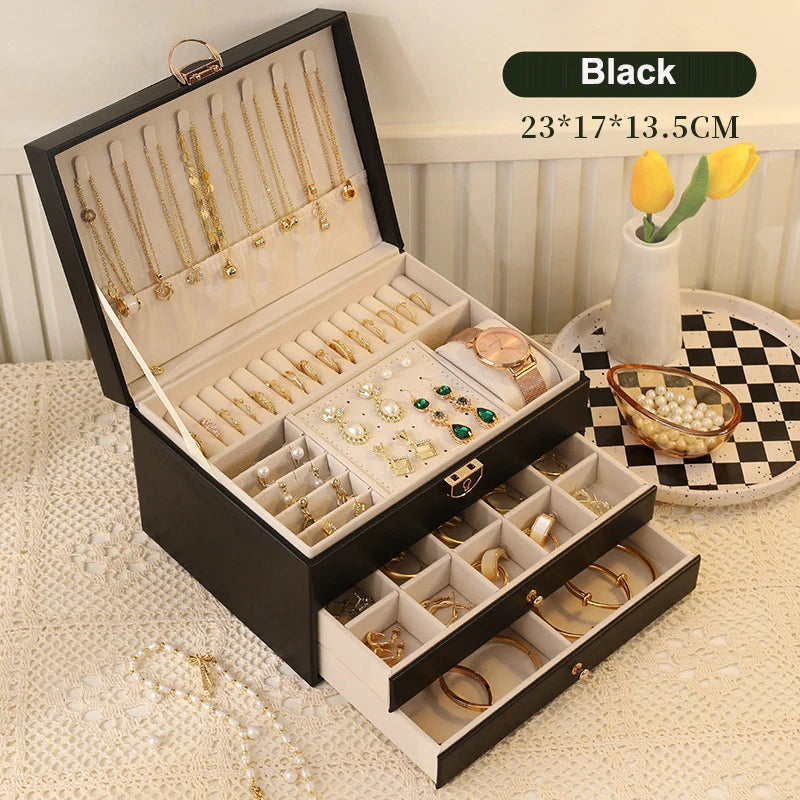 Multi-Layer Faux Leather Jewellery Box with Mirror – 2, 3 or 6 Layers, 4 Colours
