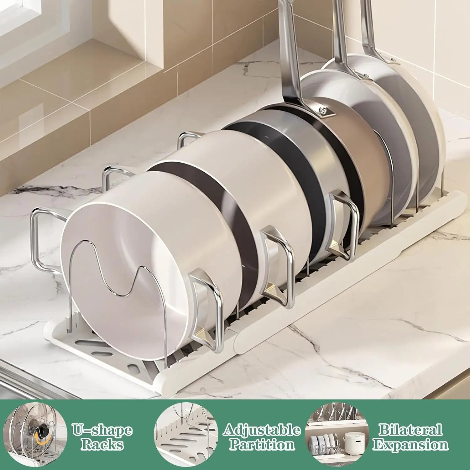 Expandable Pan and Lid Organiser Rack – Adjustable Kitchen Cabinet Storage