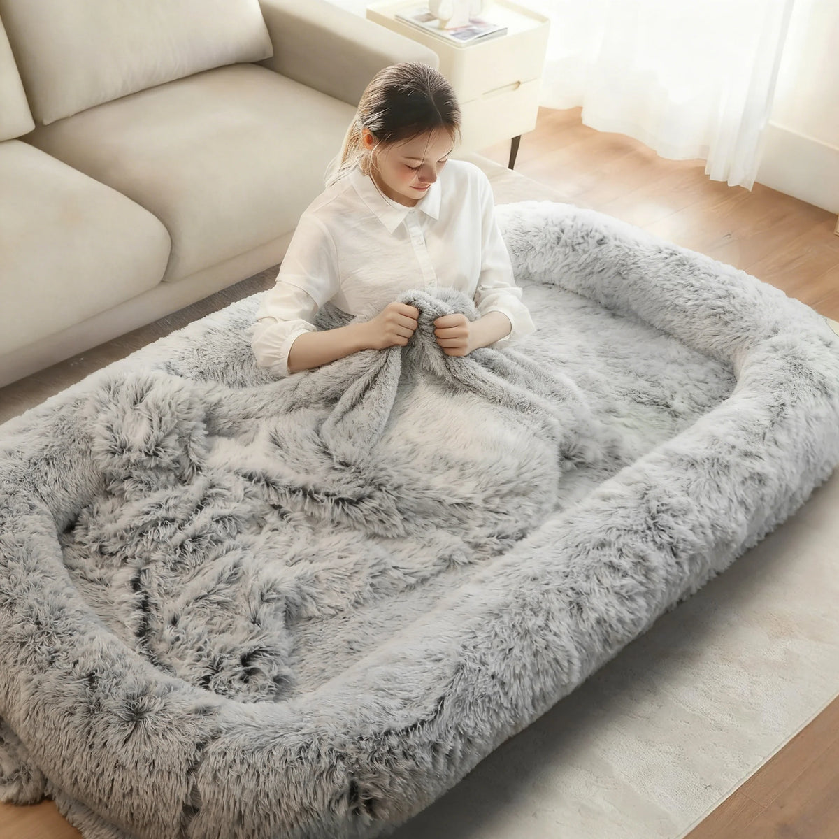 Oversized Human Dog Bed | Faux Fur | Waterproof Liner | Non-Slip | Side Pocket | Removable Cover