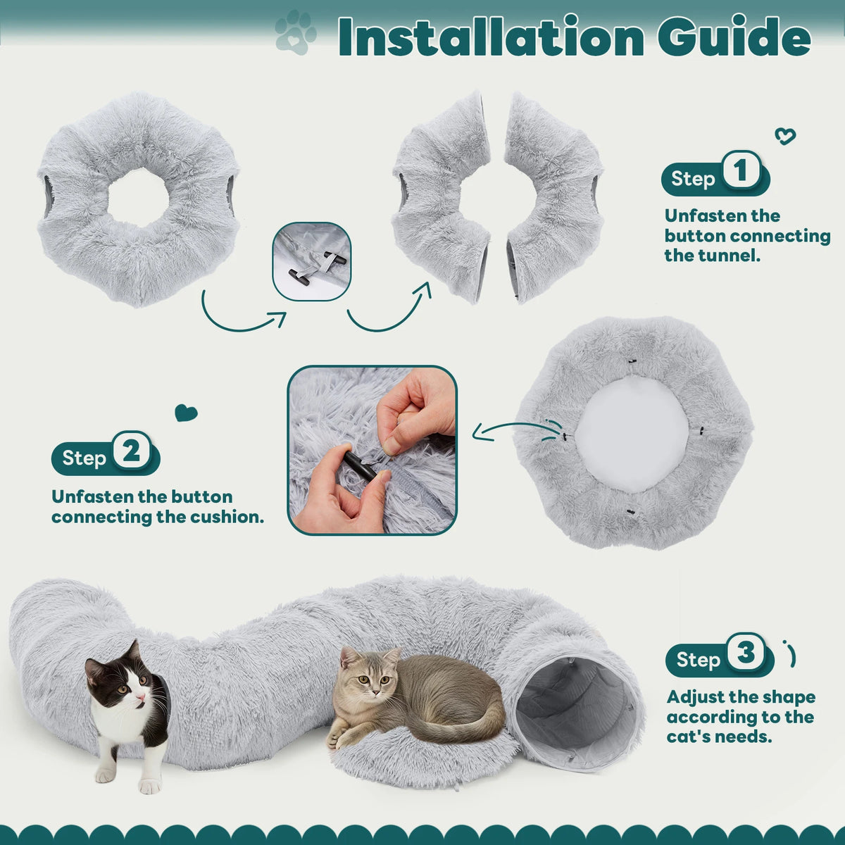 Doughnut Cat Tunnel Bed | 3-in-1 Tunnel, Nest & Platform | Short Plush | Washable | Gray