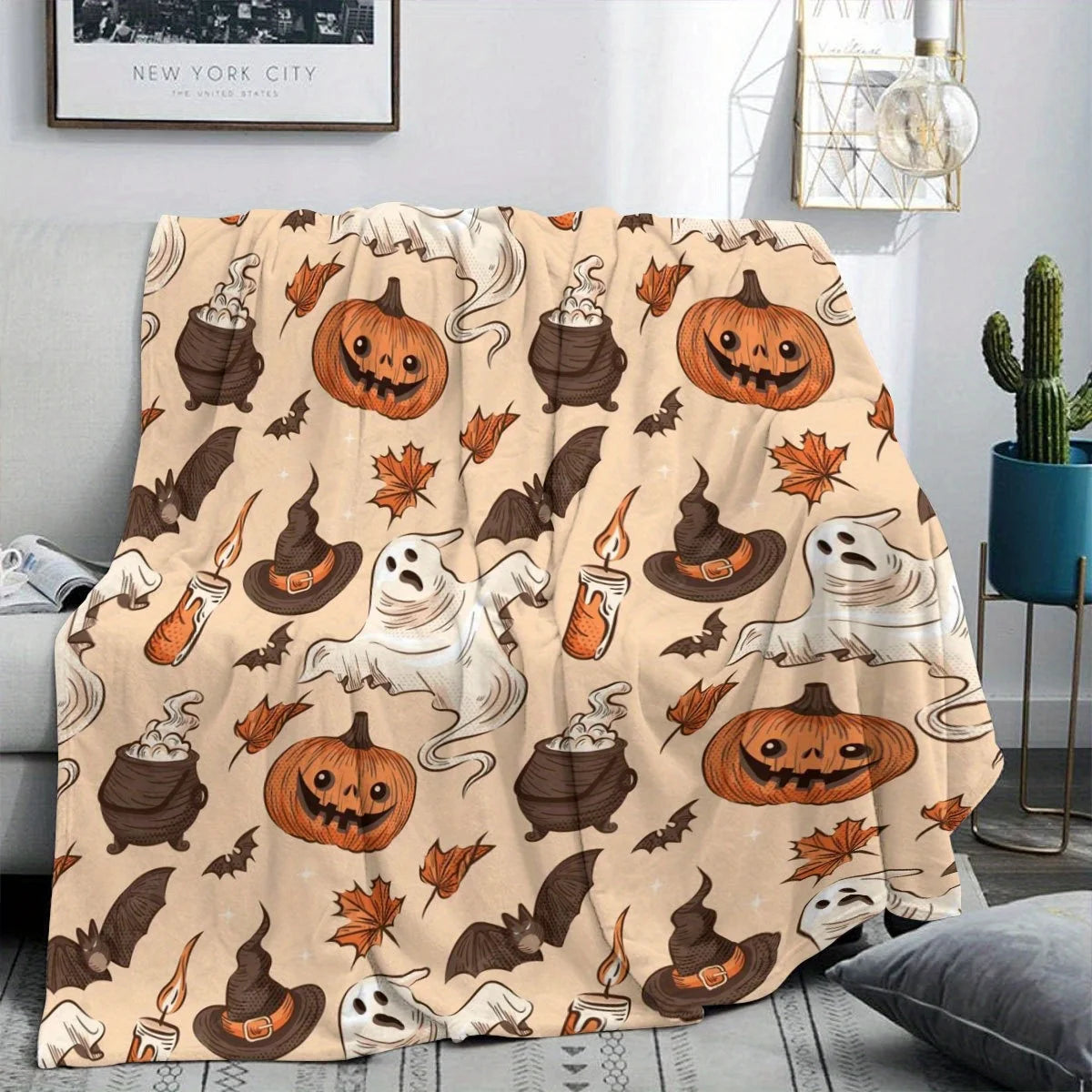 Spooky Pumpkin & Ghosts Plaid Throw Blanket for Halloween Decor