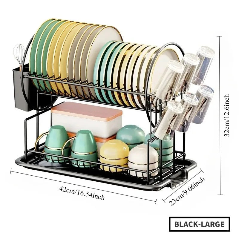 2-Tier Dish Drying Rack with Drain Board – Large Capacity Kitchen Countertop Drainer