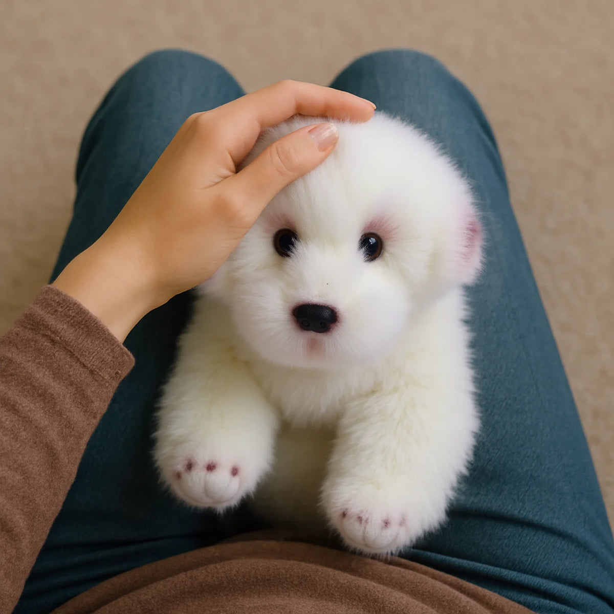 Lifelike Maltese Puppy Plush Stuffed Toy | Simulation Velvet Coat | Glass-Look Eyes | Pink Paw Detail