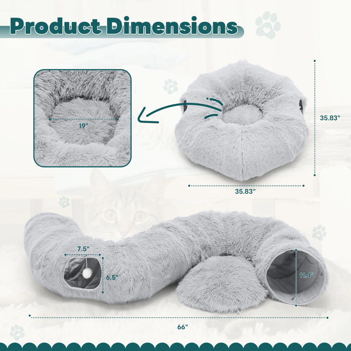 Doughnut Cat Tunnel Bed | 3-in-1 Tunnel, Nest & Platform | Short Plush | Washable | Gray