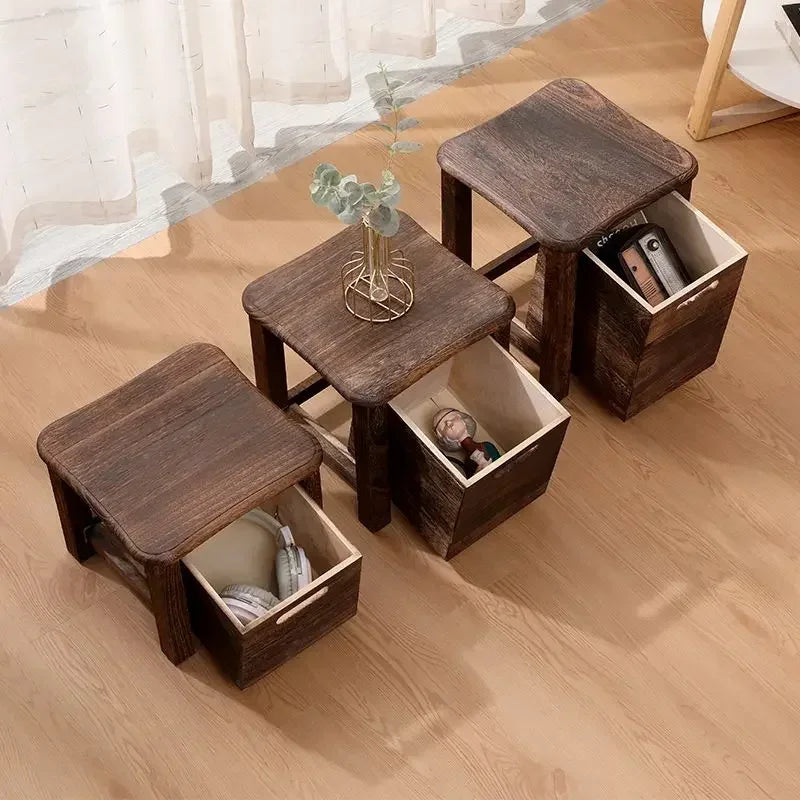 Solid Wood Storage Stool with Drawer – Hallway Bench & Ottoman, S, M or L