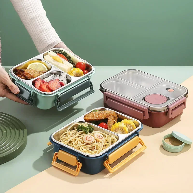 850ml Insulated Stainless Steel Lunch Box – 2 or 3 Grid Bento Box for Kids & Adults, Red, Blue or Green