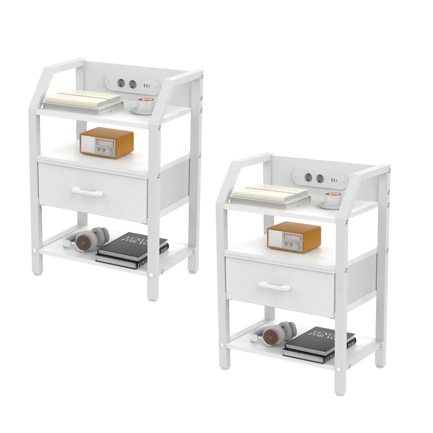 3-Tier Bedside Table with Charging Station, LED Light & Drawers – White, Black, Brown or Grey