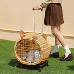 Handwoven Rattan Pet Trolley Carrier – Wheeled Tote Bag for Cats & Dogs, 2 Styles