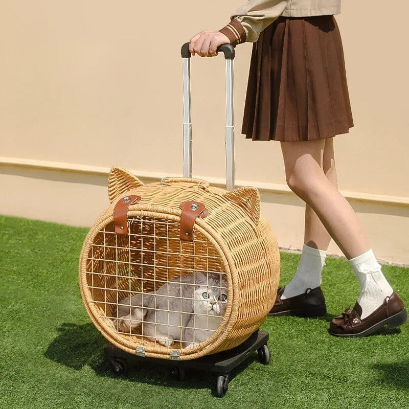 Handwoven Rattan Pet Trolley Carrier – Wheeled Tote Bag for Cats & Dogs, 2 Styles