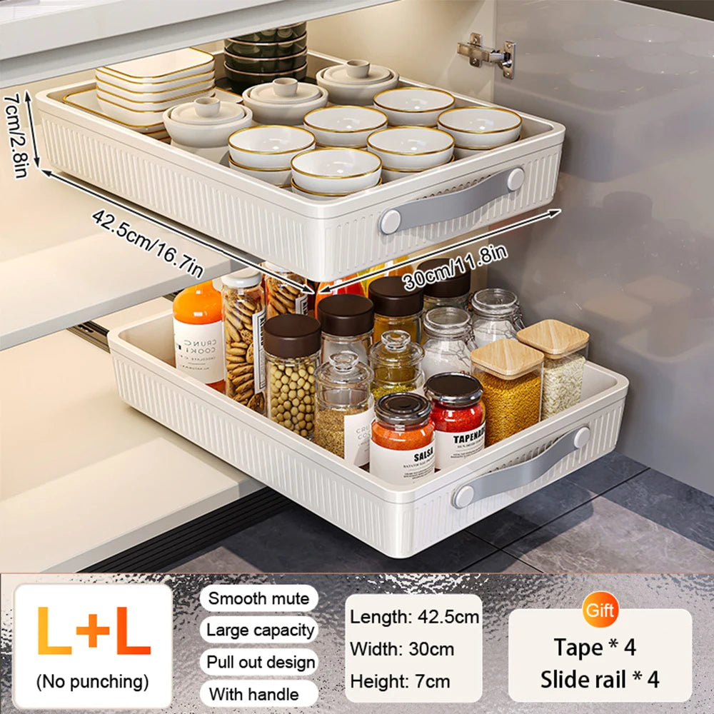 Pull-Out Cabinet Storage Tray with Slide Rails – Kitchen Sliding Drawer Organiser, M or L