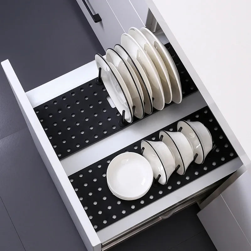 Telescopic Dish and Plate Drying Rack with Drawer – Adjustable ABS Kitchen Organiser