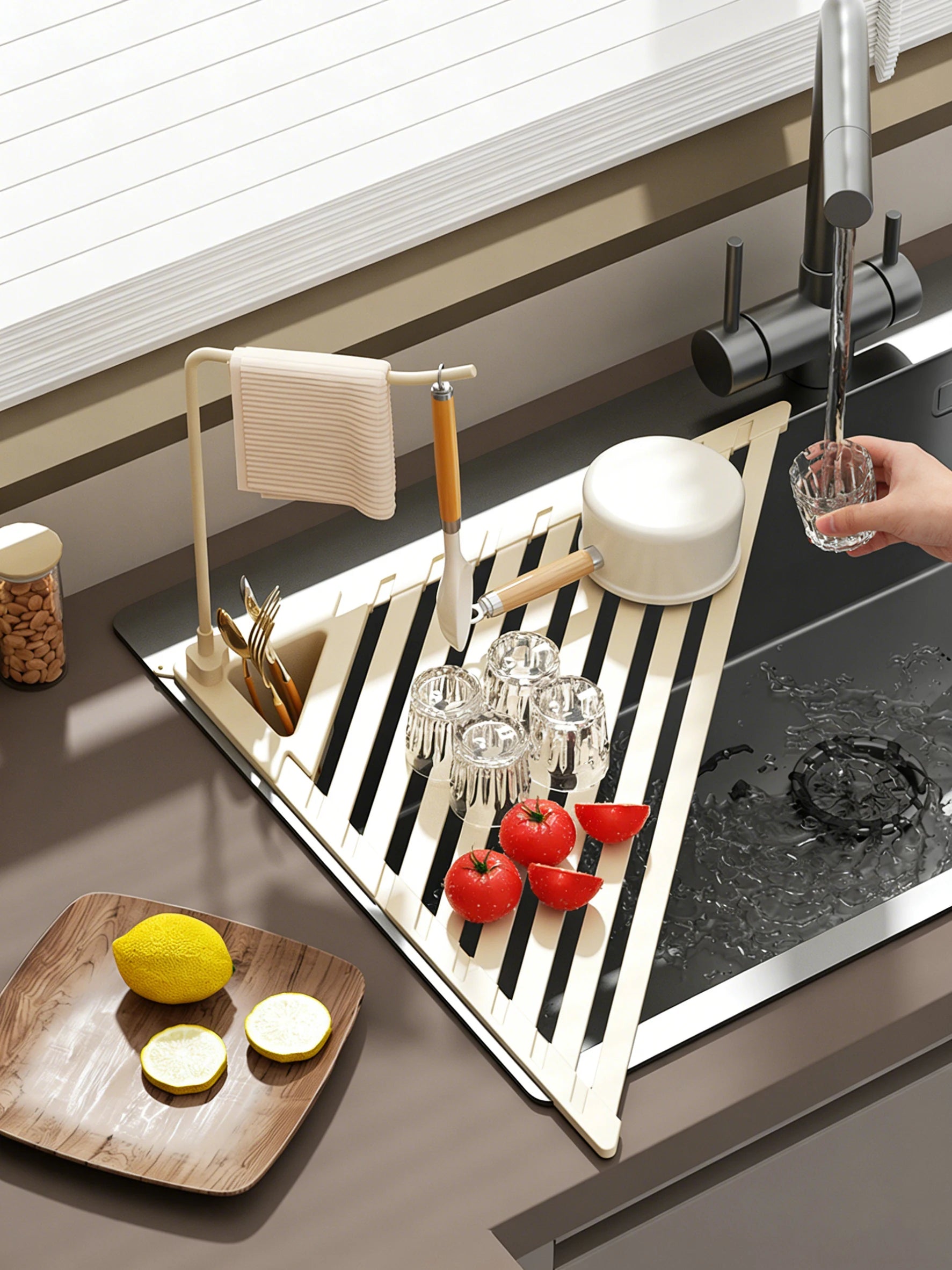 Foldable Over-Sink Drain Rack with Towel Bar – Adjustable Aluminium Drainer
