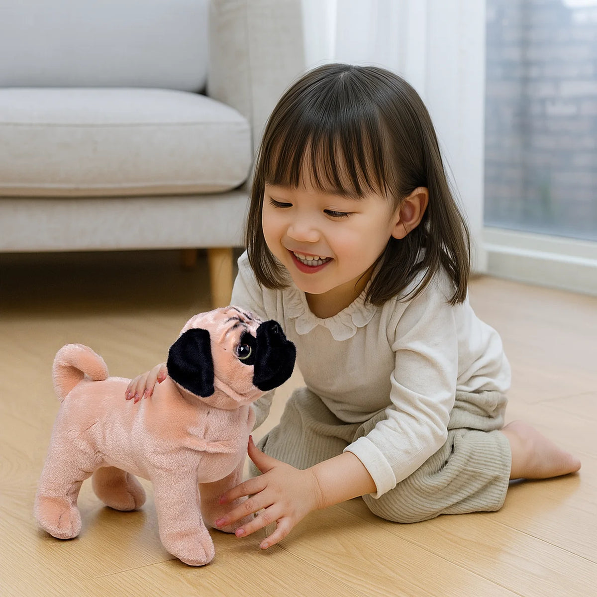 Lifelike Pug Plush Stuffed Toy | Fawn & Black Mask | Standing Pose | Wrinkle Detail | Self-Supporting | 33cm