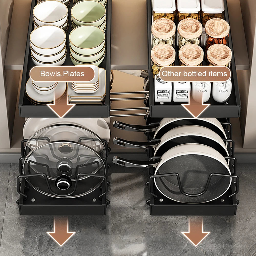 Pull-Out Pot and Pan Organiser with Sliding Rails – 8 Adjustable Compartments