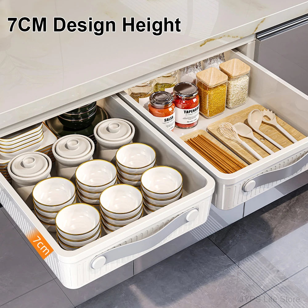 Pull-Out Cabinet Storage Tray with Slide Rails – Kitchen Sliding Drawer Organiser, M or L
