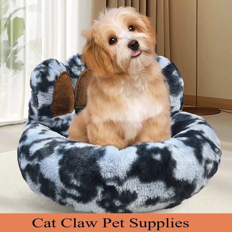 Round Faux Rabbit Fur Pet Bed | Bear Paw Design | Machine Washable | Winter Warm | 4 Sizes | 7 Colours