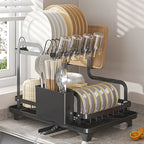 2-Tier Over-the-Sink Dish Drying Rack – Carbon Steel with Auto-Drain Board & Utensil Holder