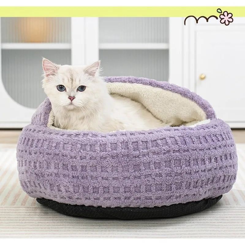Semi-Enclosed Shell Cat Bed | Plush Warm Sleeping Nest | Non-Slip | 2 Sizes