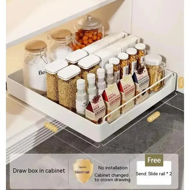 Pull-Out Cabinet Drawer Organizer with Slide Rails – No Drilling, 5 Sizes