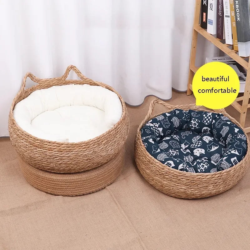 Handwoven Wicker Cat Basket with Cotton Cushion | All-Season | Washable | 3 Sizes