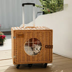 Handwoven Rattan Pet Trolley Carrier – Wheeled Tote Bag for Cats & Dogs, 2 Styles
