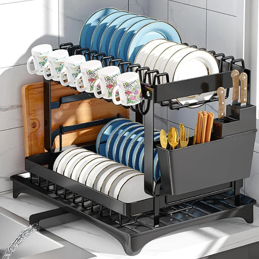 2-Tier Dish Drying Rack with Drainage Spout, Cutlery & Cup Holder