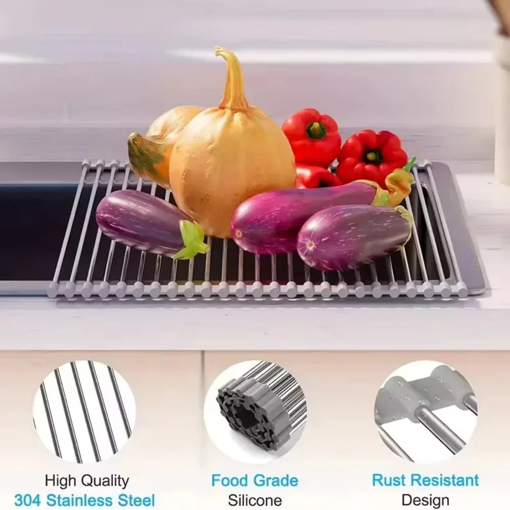 Roll-Up Stainless Steel Sink Drying Rack – Foldable Dish & Vegetable Drainer, 3 Sizes