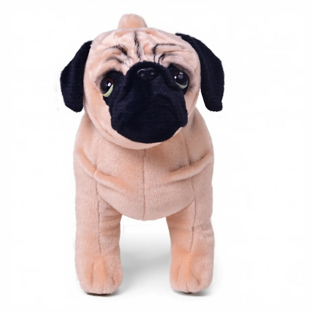 Lifelike Pug Plush Stuffed Toy | Fawn & Black Mask | Standing Pose | Wrinkle Detail | Self-Supporting | 33cm