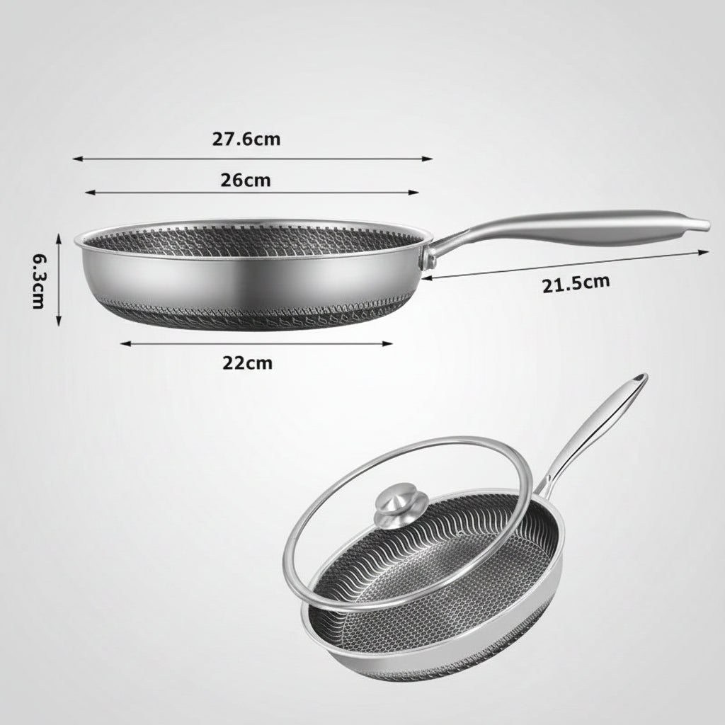 Stainless steel frying pan with measurements on a white background