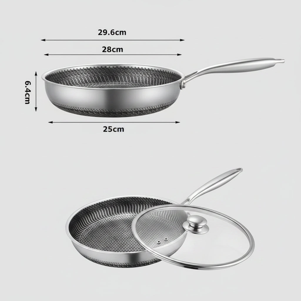 Stainless steel frying pan with measurements on a white background