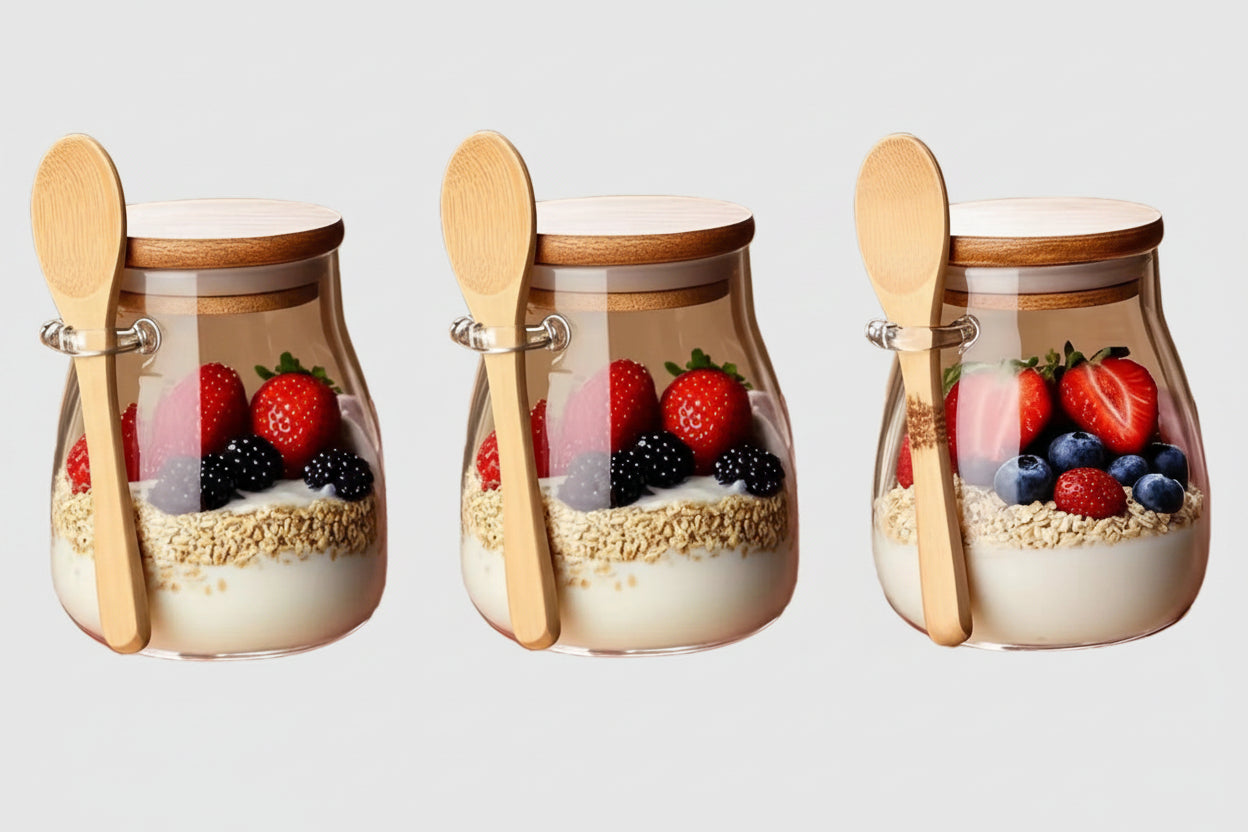 Three glass jars with wooden spoons and layered contents of berries and granola on a white background.