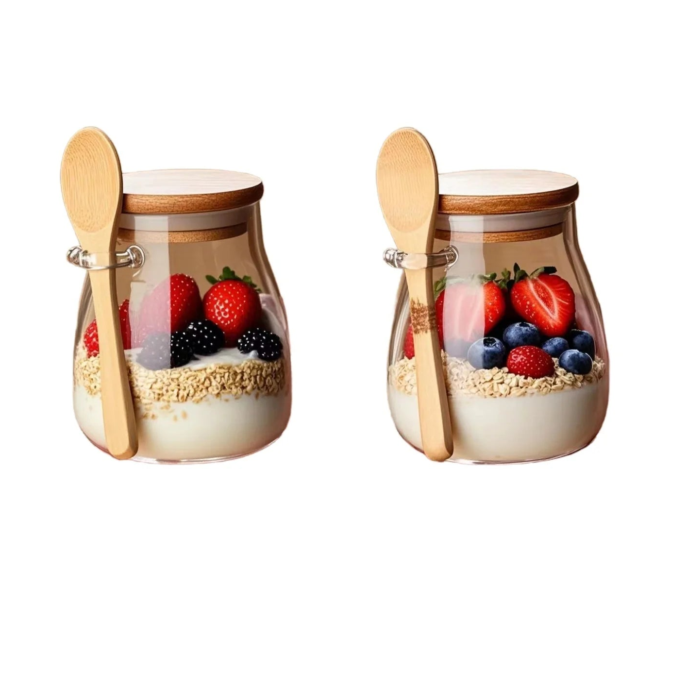 Two glass jars with wooden spoons containing a layered dessert with berries on a white background.