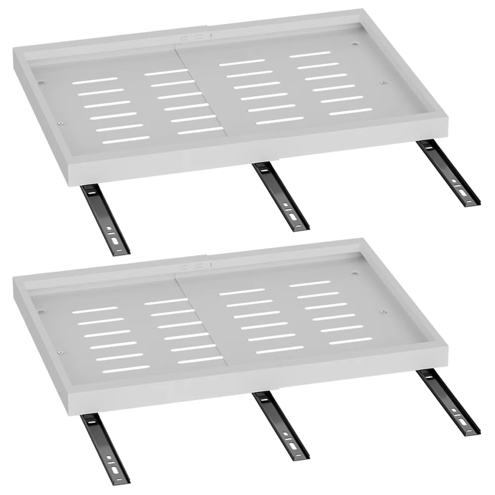 Two white rectangular mounting shelves with horizontal ventilation slots and four black metal brackets, shown on a plain white background.