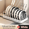 White pull-out pot rack holding various frying pans with dimensions displayed.