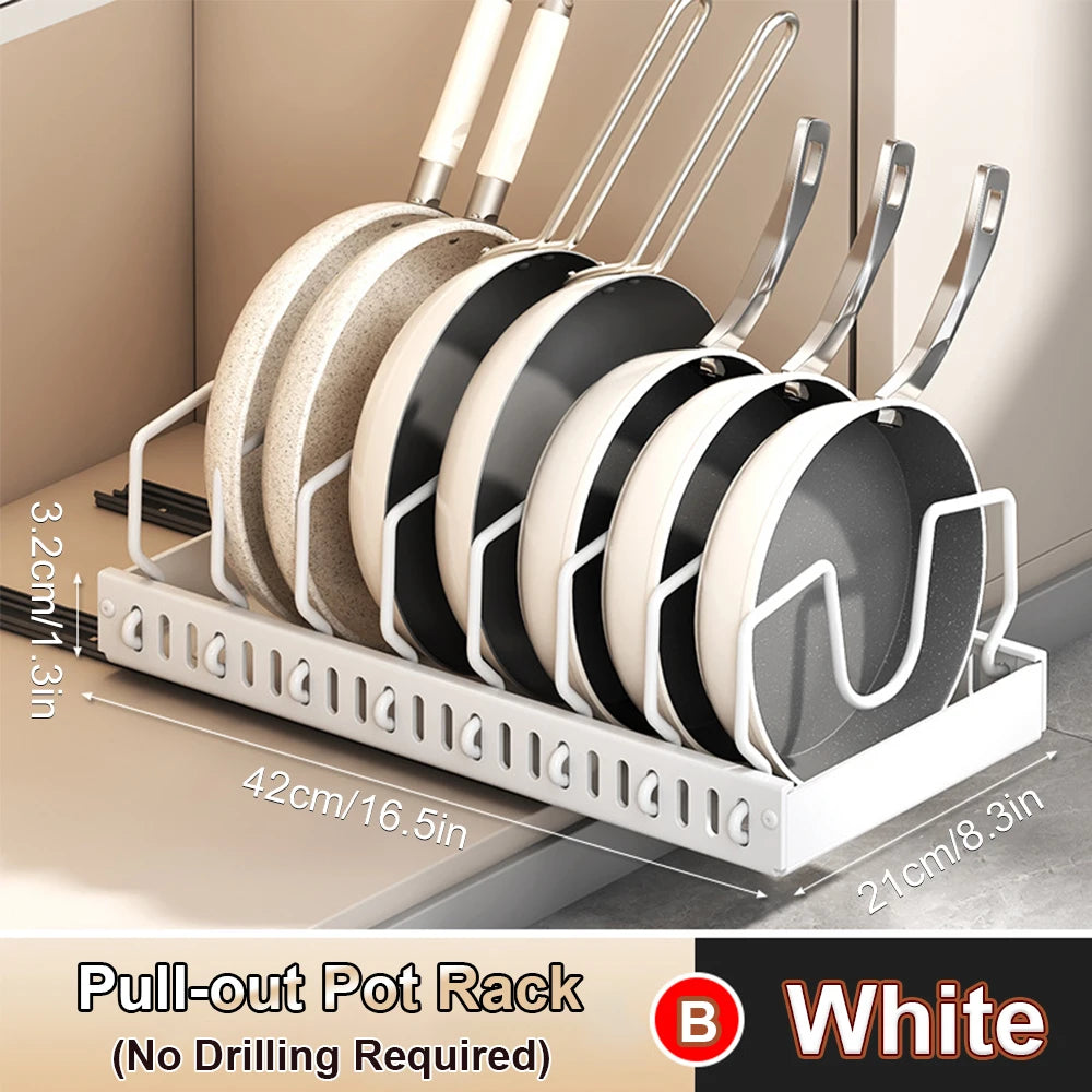 White pull-out pot rack holding various frying pans with dimensions displayed.