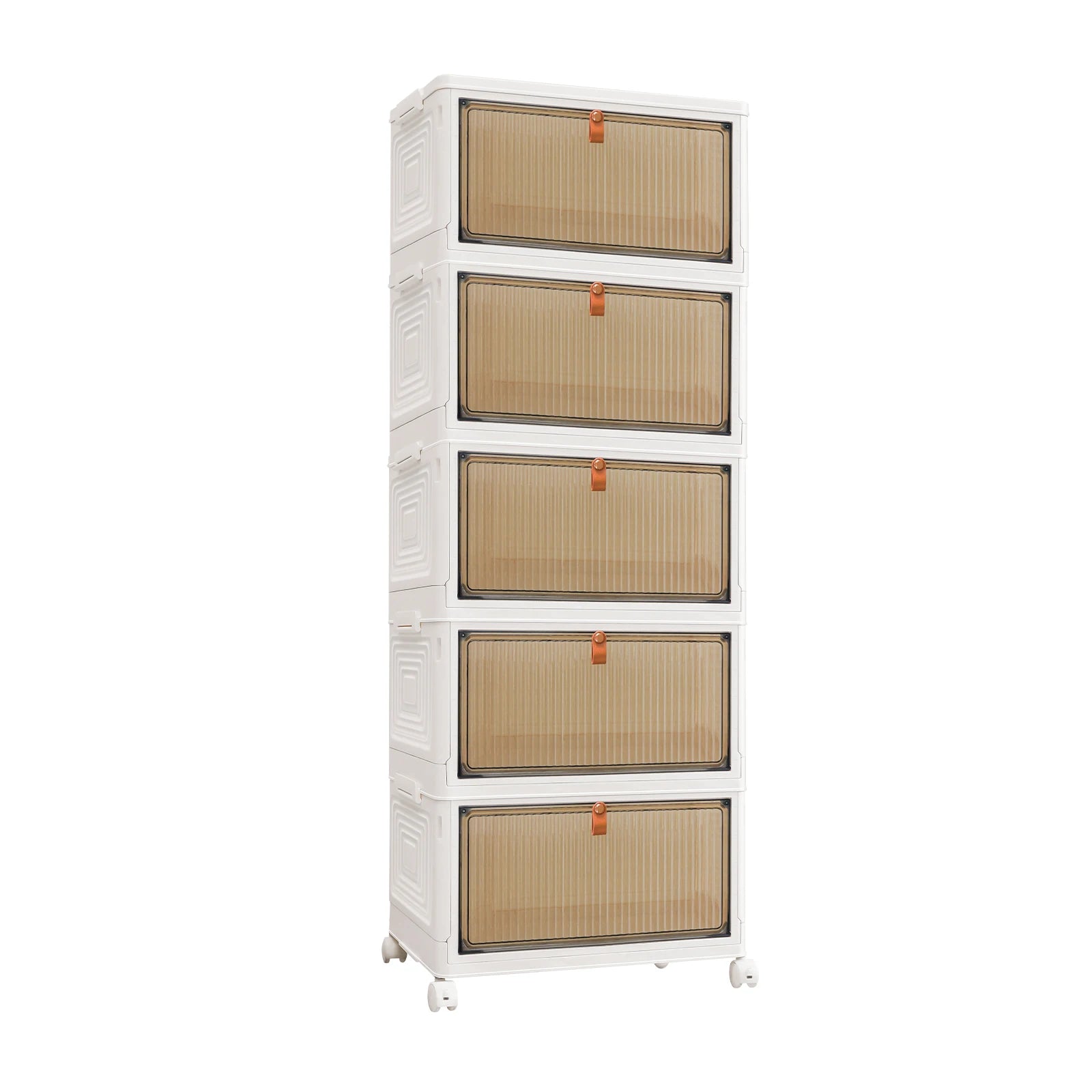 White storage cabinet with four beige drawers on a white background