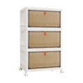 White storage cabinet with three brown drawers on a white background