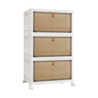 White storage cabinet with three brown drawers on a white background