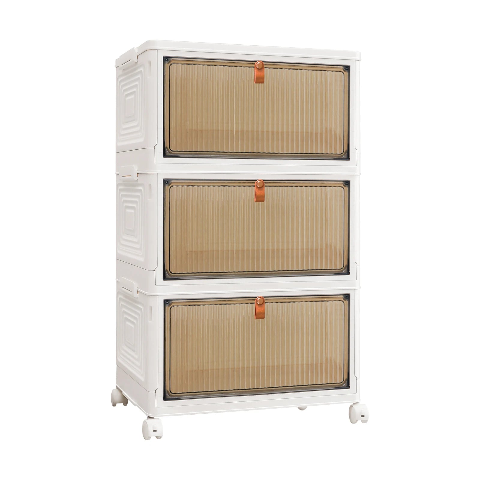 White storage cabinet with three brown drawers on a white background