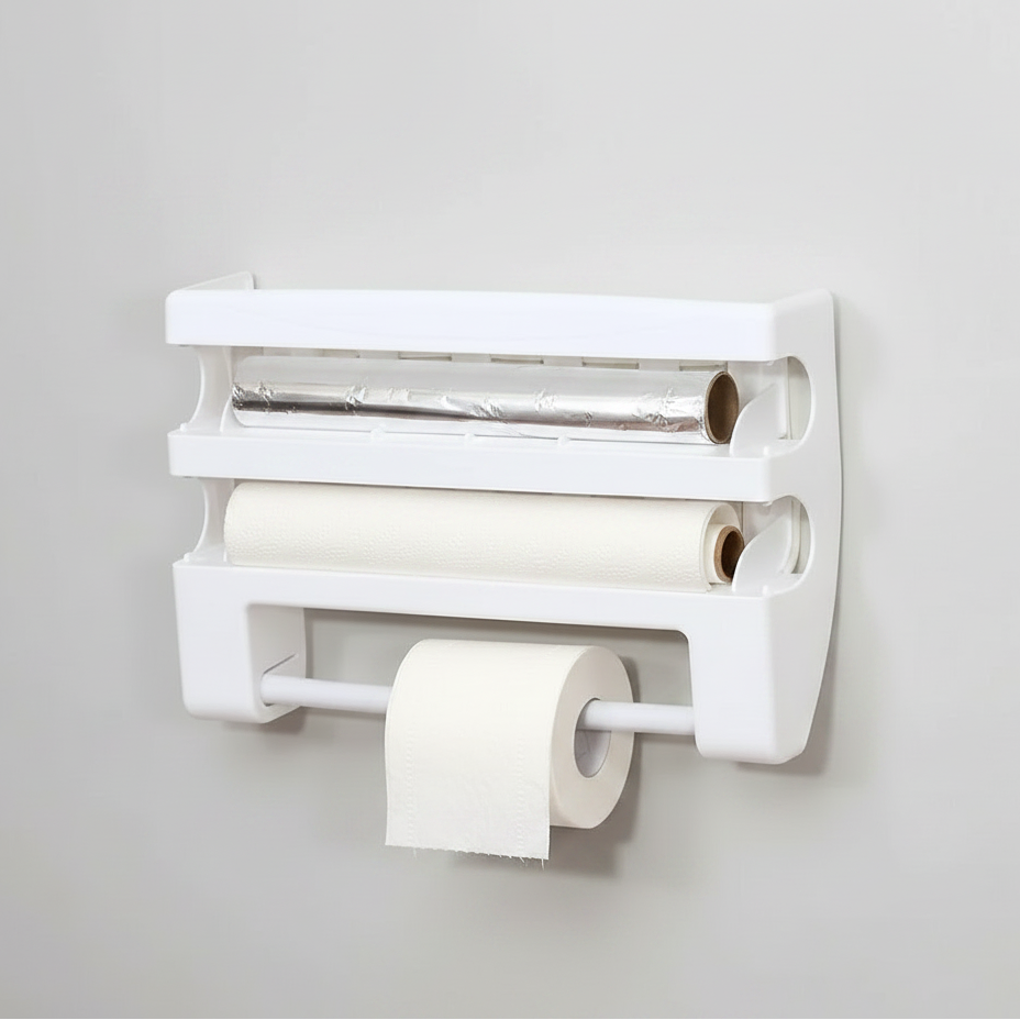 White wall-mounted storage rack with paper towels and various items on a light gray pegboard background